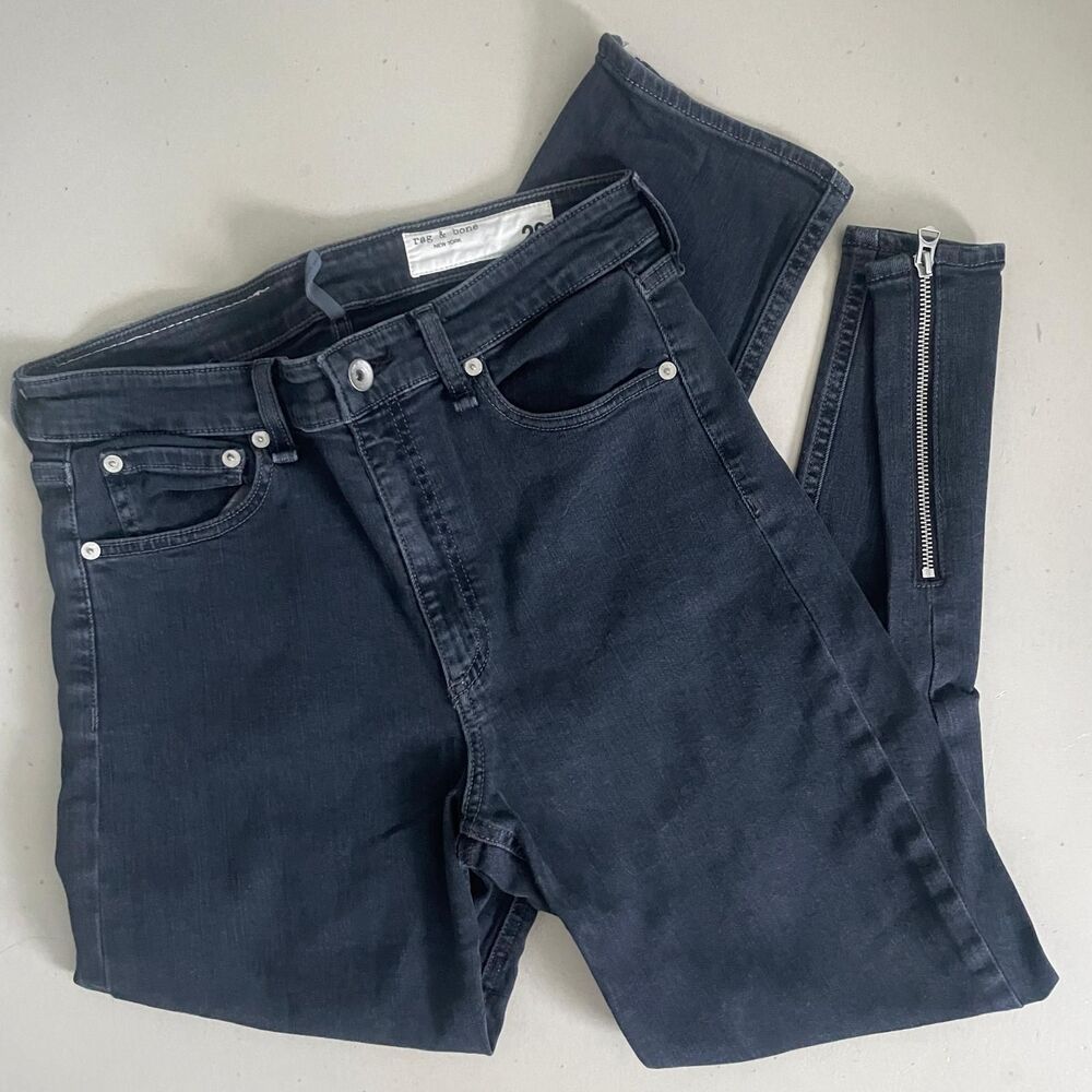 Rag & Bone High Rise Straight Leg Zip Ankle Jeans Faded Black 28